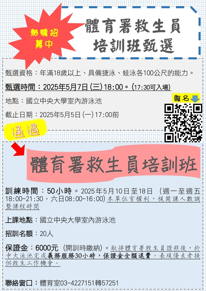 轉知【國立中央大學辦理「體育署救生員訓練班-救生員培訓人員甄選」計畫】圖片